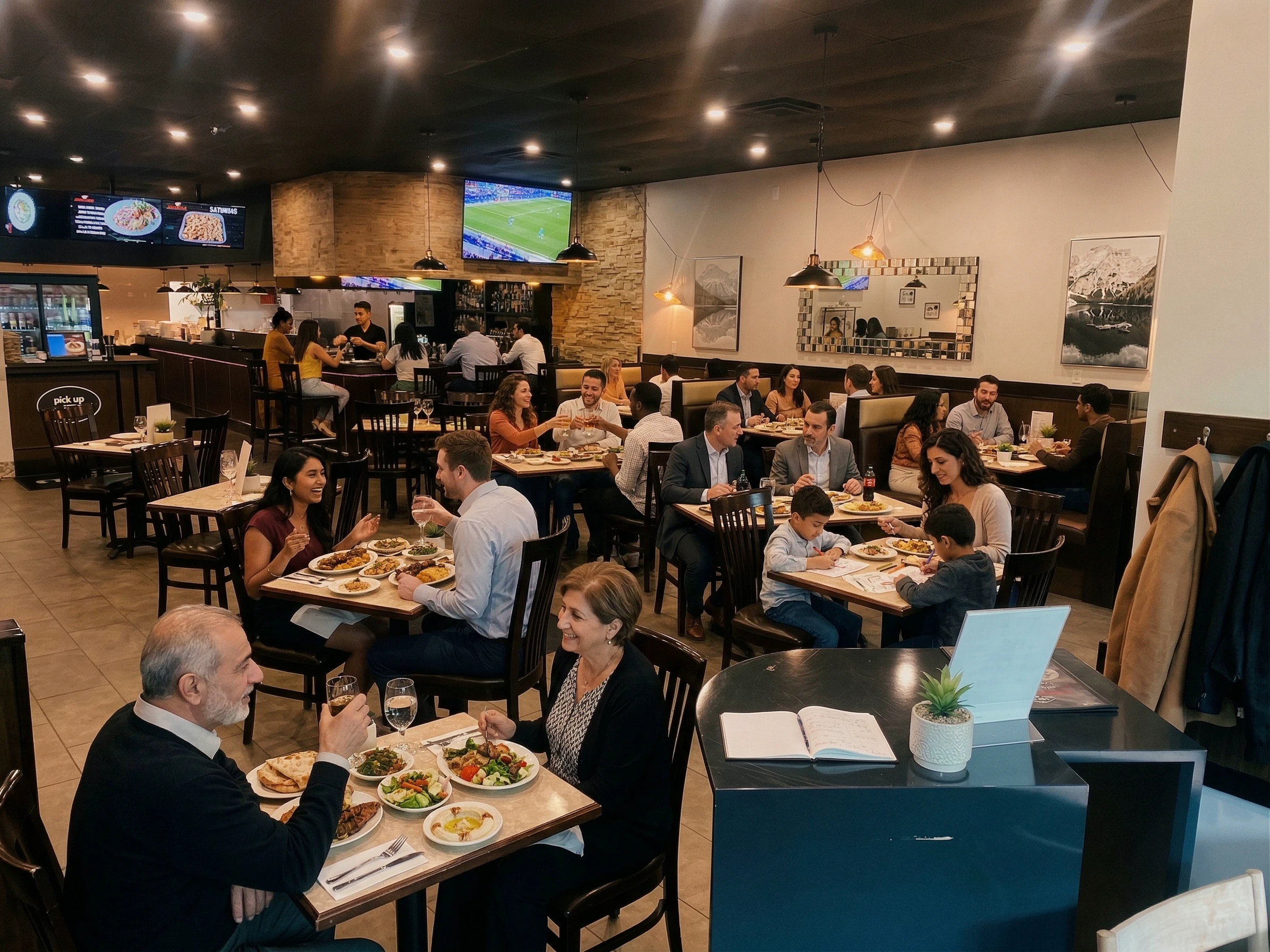 Freddy's Mediterranean packed dining room — Saturday night families, couples, and friends