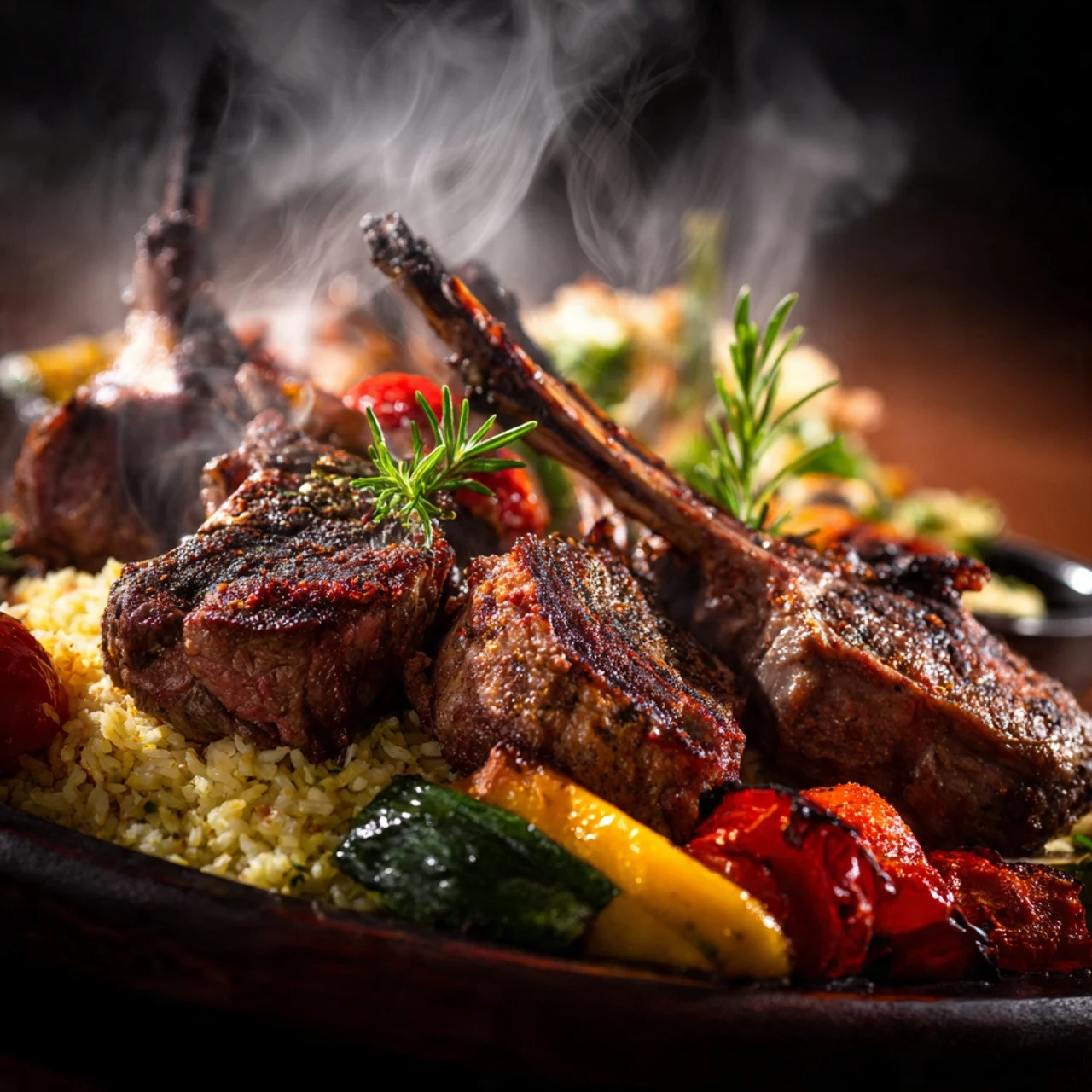Freddy's lamb chops with rice and grilled vegetables