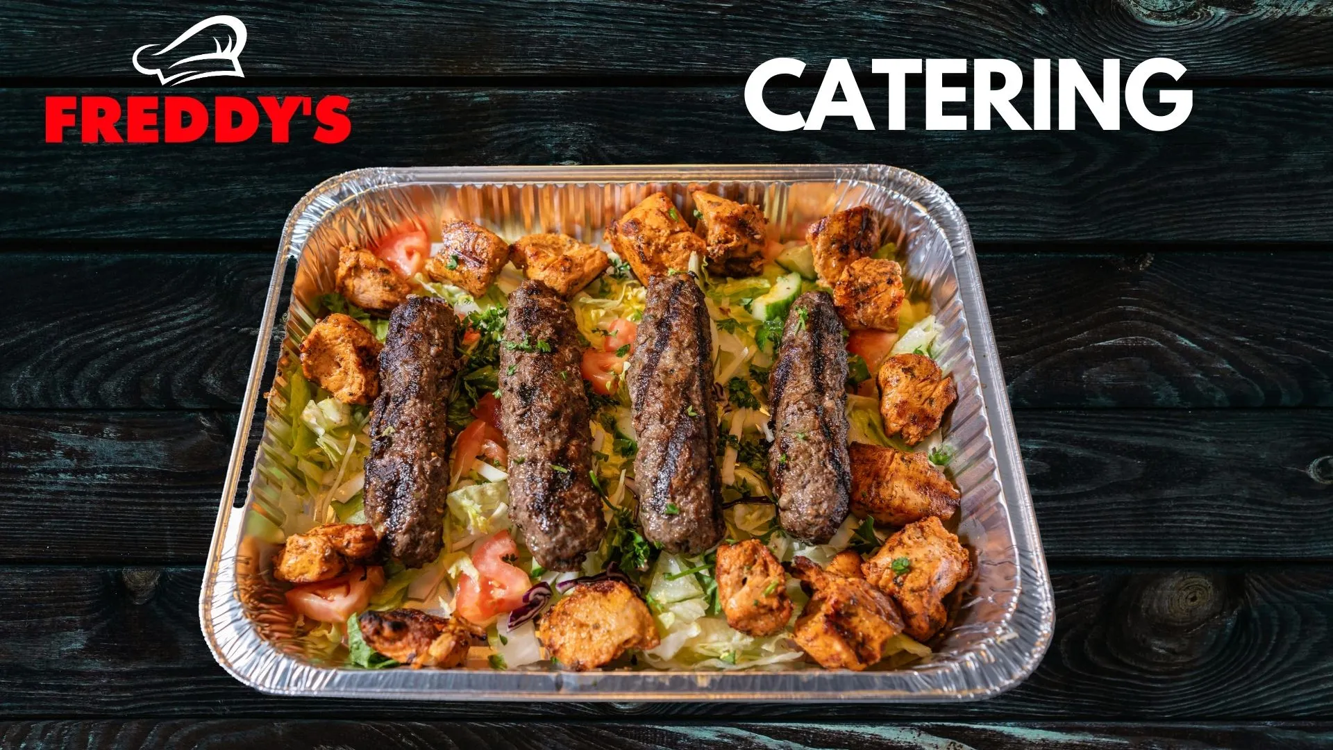 Freddy's mixed grill catering tray: kafta and chicken souvlaki