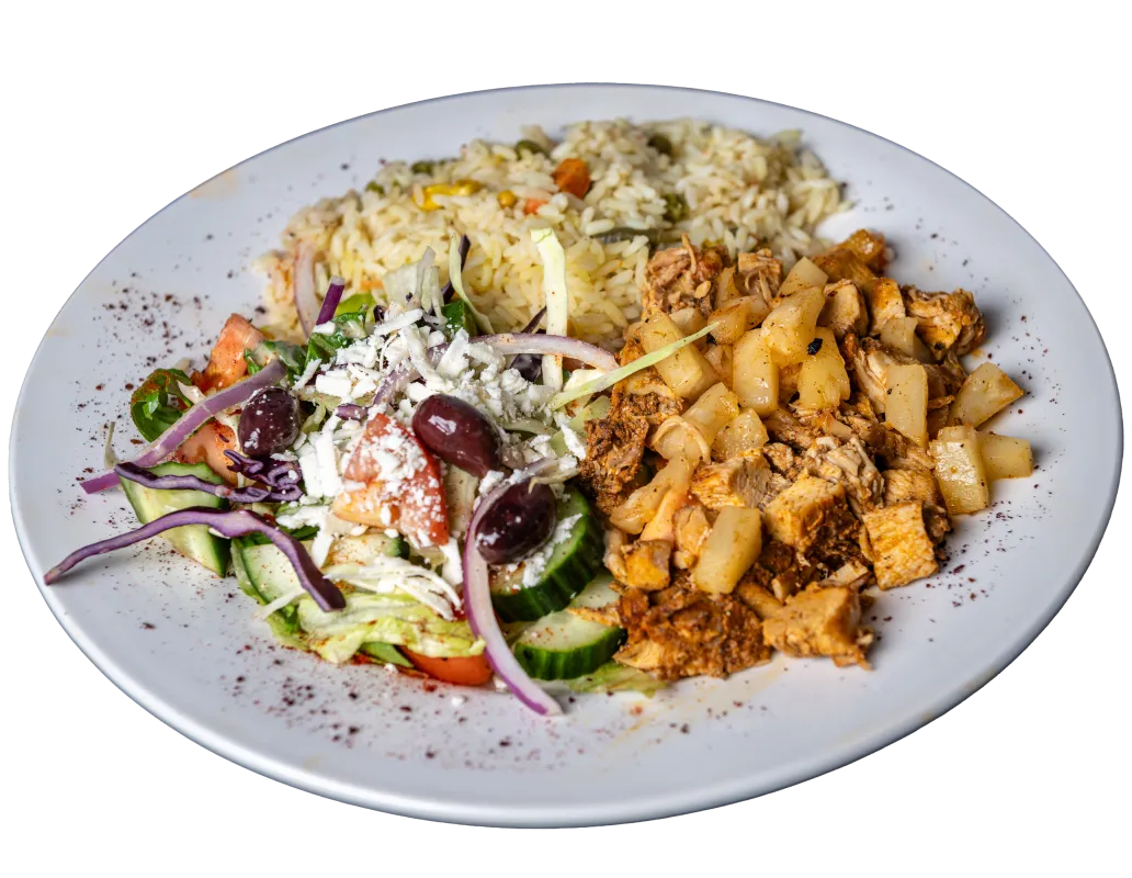 Freddy's Chicken with rice and salad