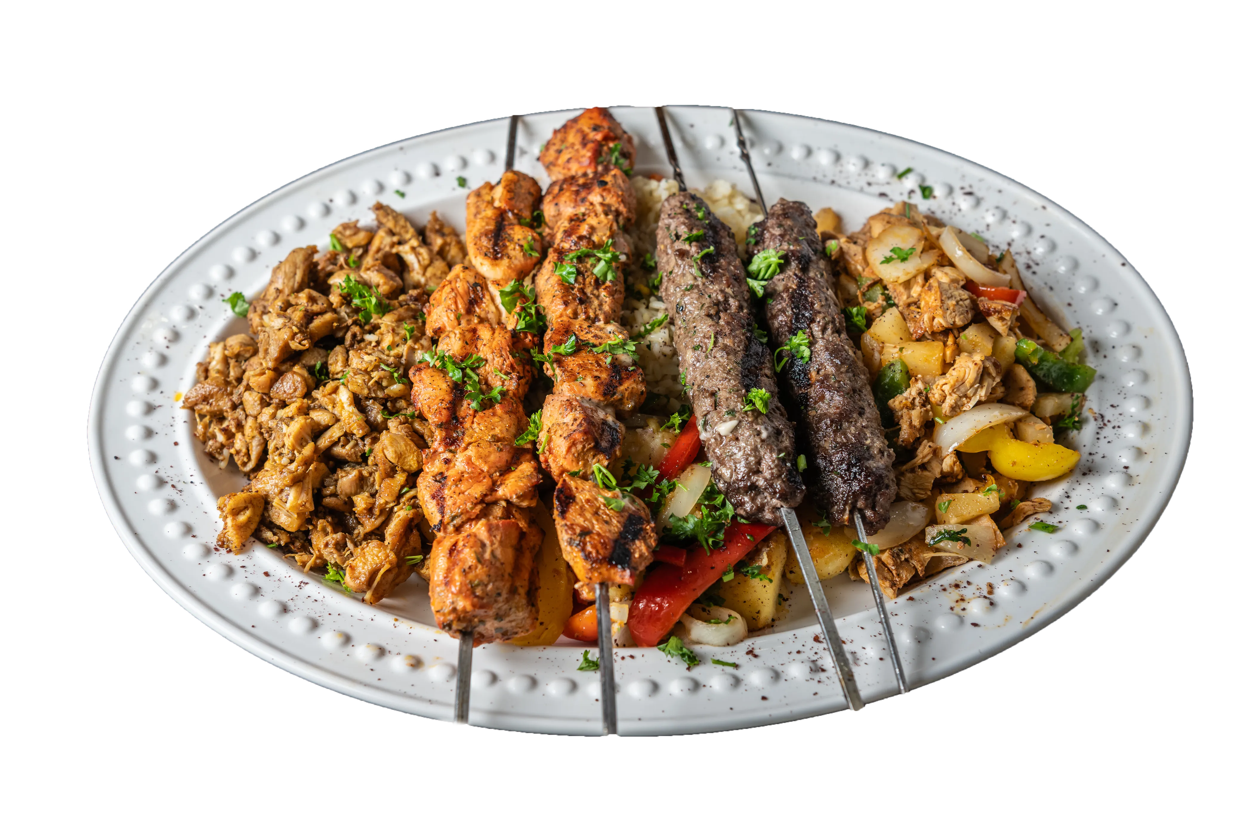 Mixed Grill — chicken souvlaki, kafta, shawarma, and Freddy's Chicken